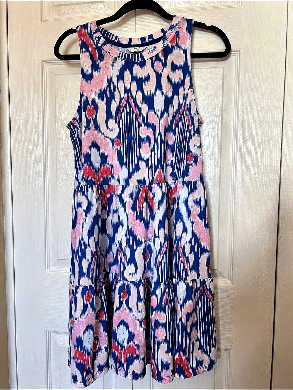 Crown & Ivy Blue and Pink Ikat Tiered Mini Dress Size Medium